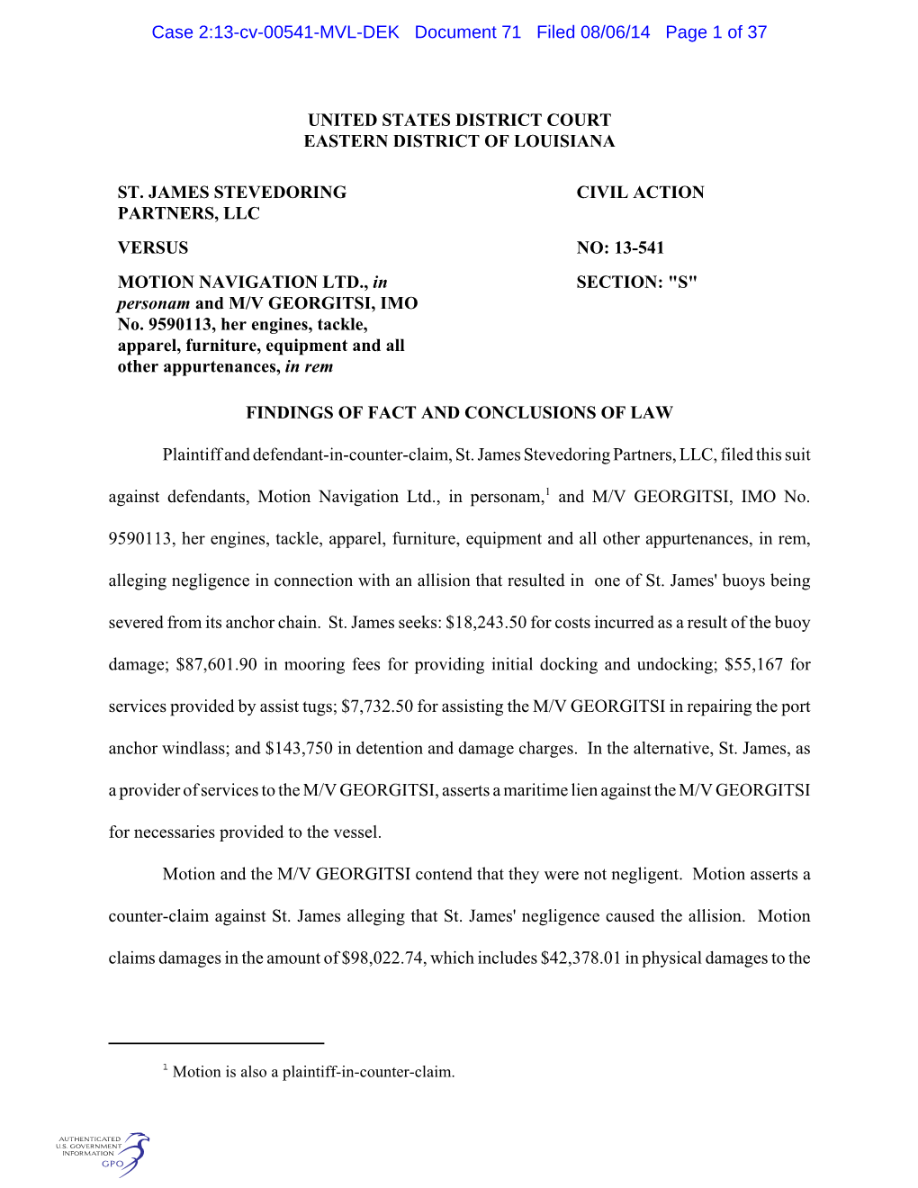 Case 2:13-Cv-00541-MVL-DEK Document 71 Filed 08/06/14 Page 1 of 37