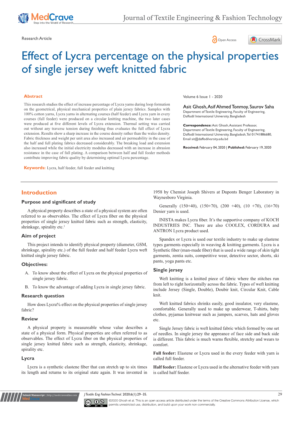 Effect of Lycra Percentage on the Physical Properties of Single Jersey Weft Knitted Fabric