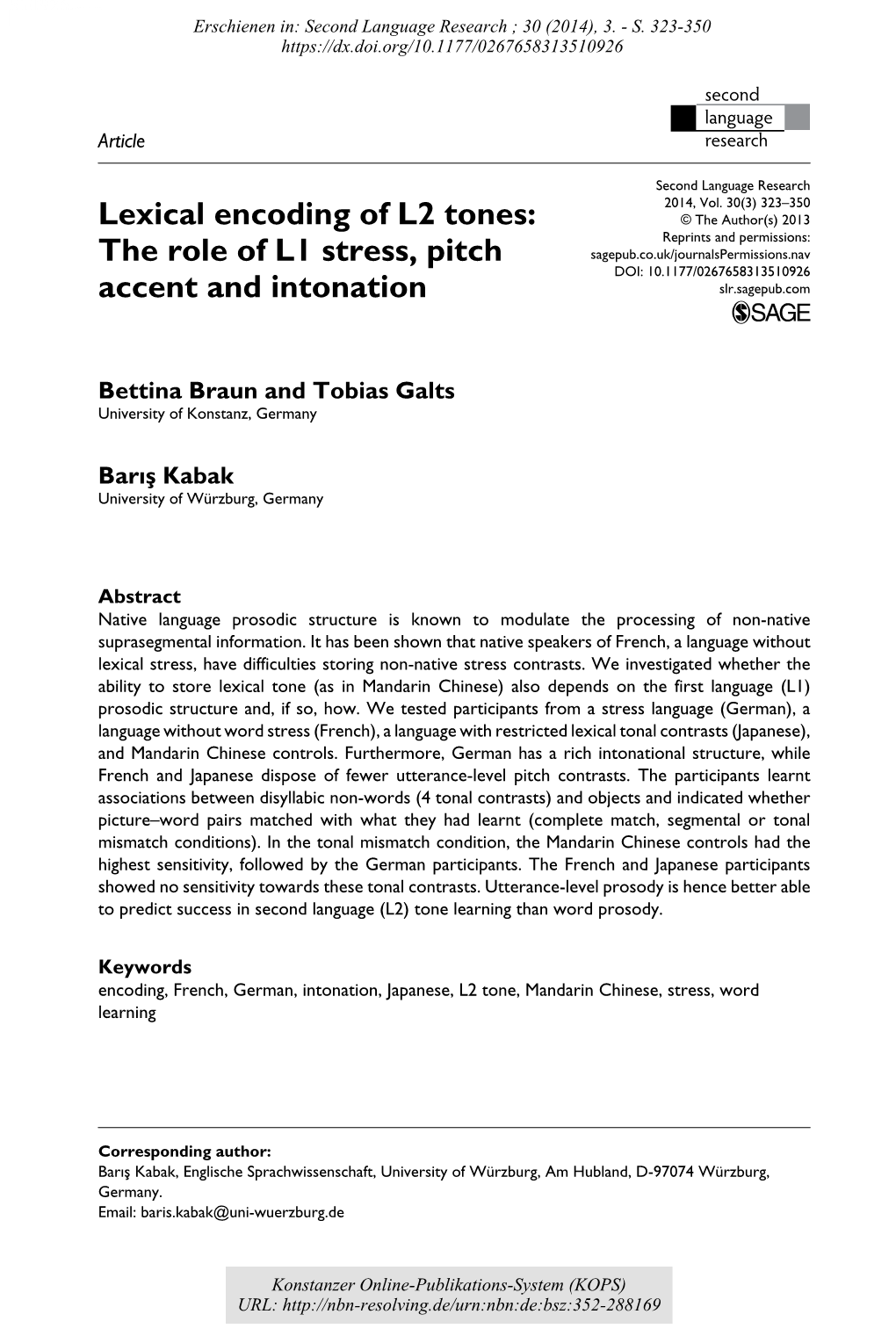 Lexical Encoding of L2 Tones : the Role of L1 Stress, Pitch Accent And