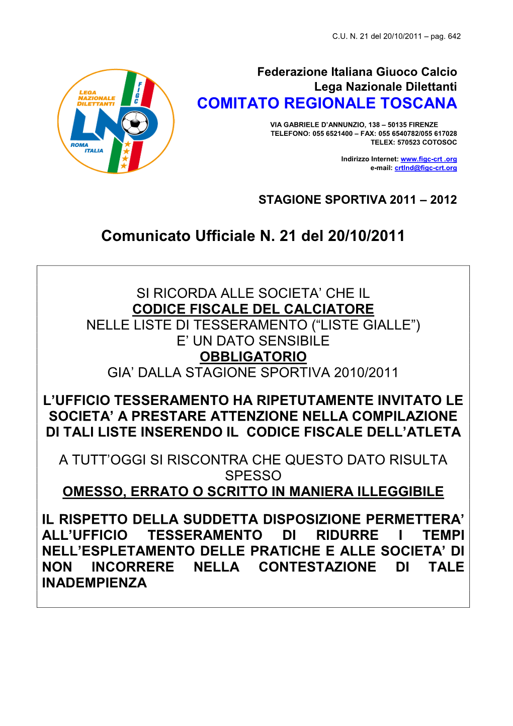 Comunicato Ufficiale N. 21 Del 20/10/2011 COMITATO