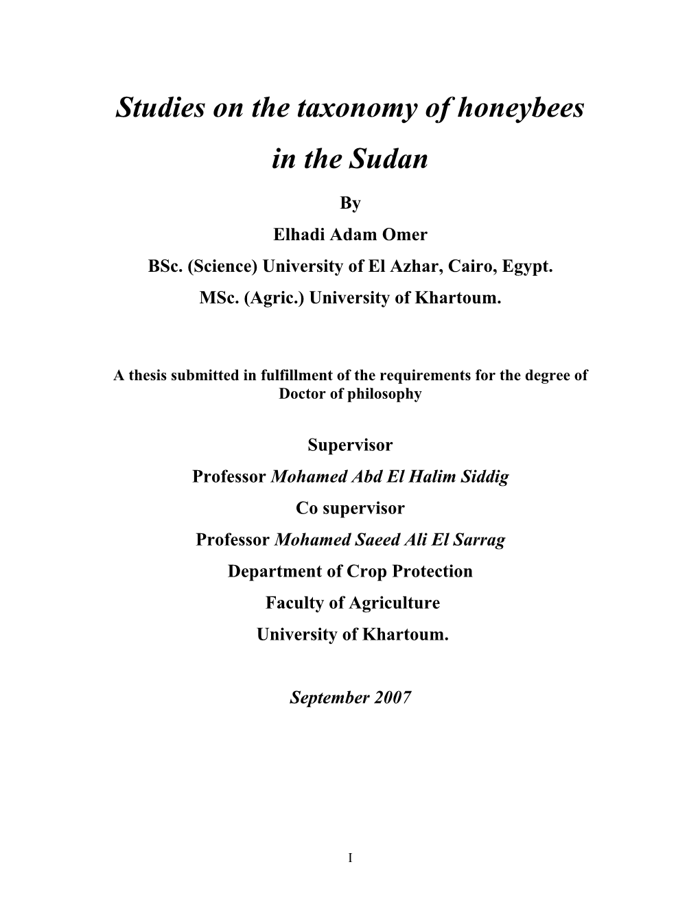 Studies on the Taxonomy of Honeybees in the Sudan