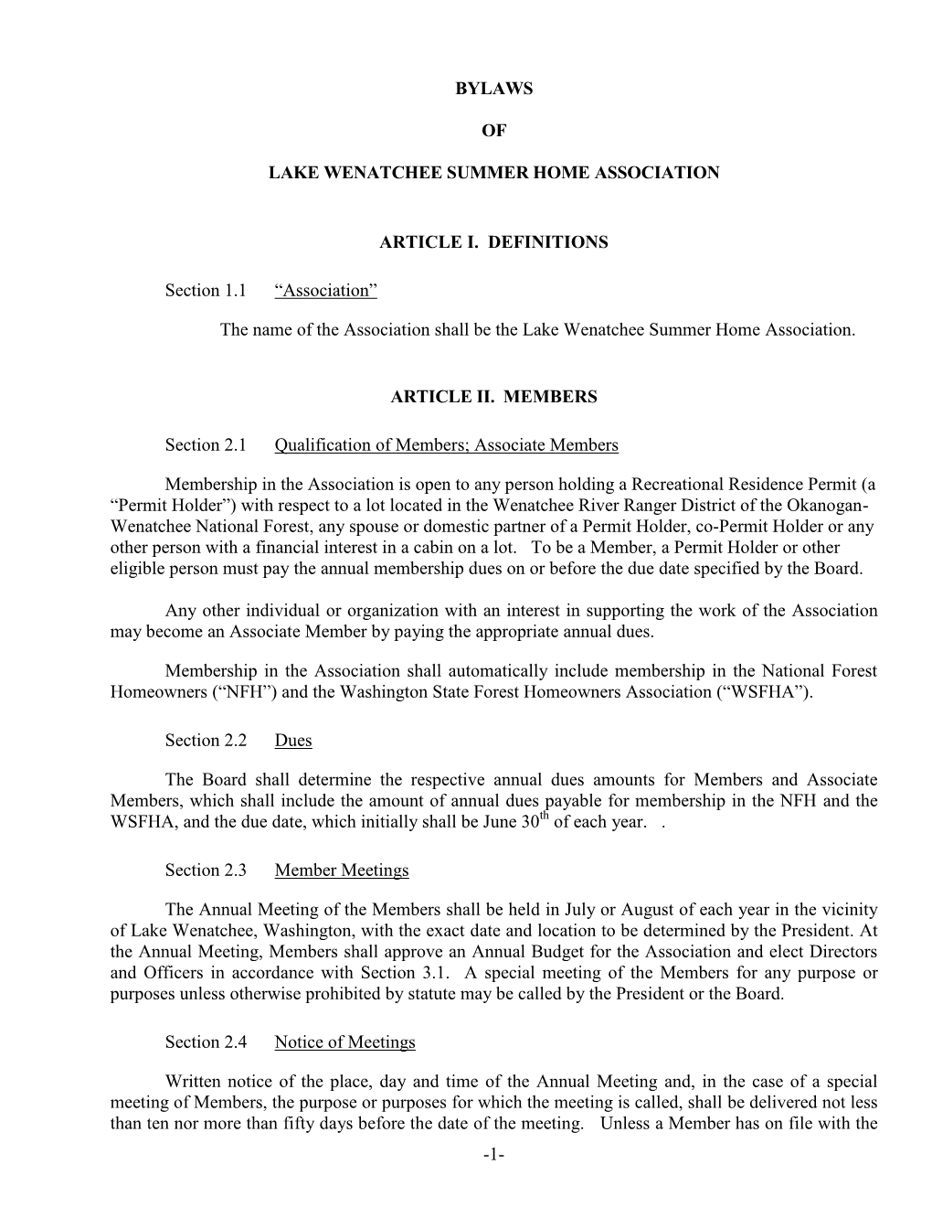 1- Bylaws of Lake Wenatchee Summer Home Association