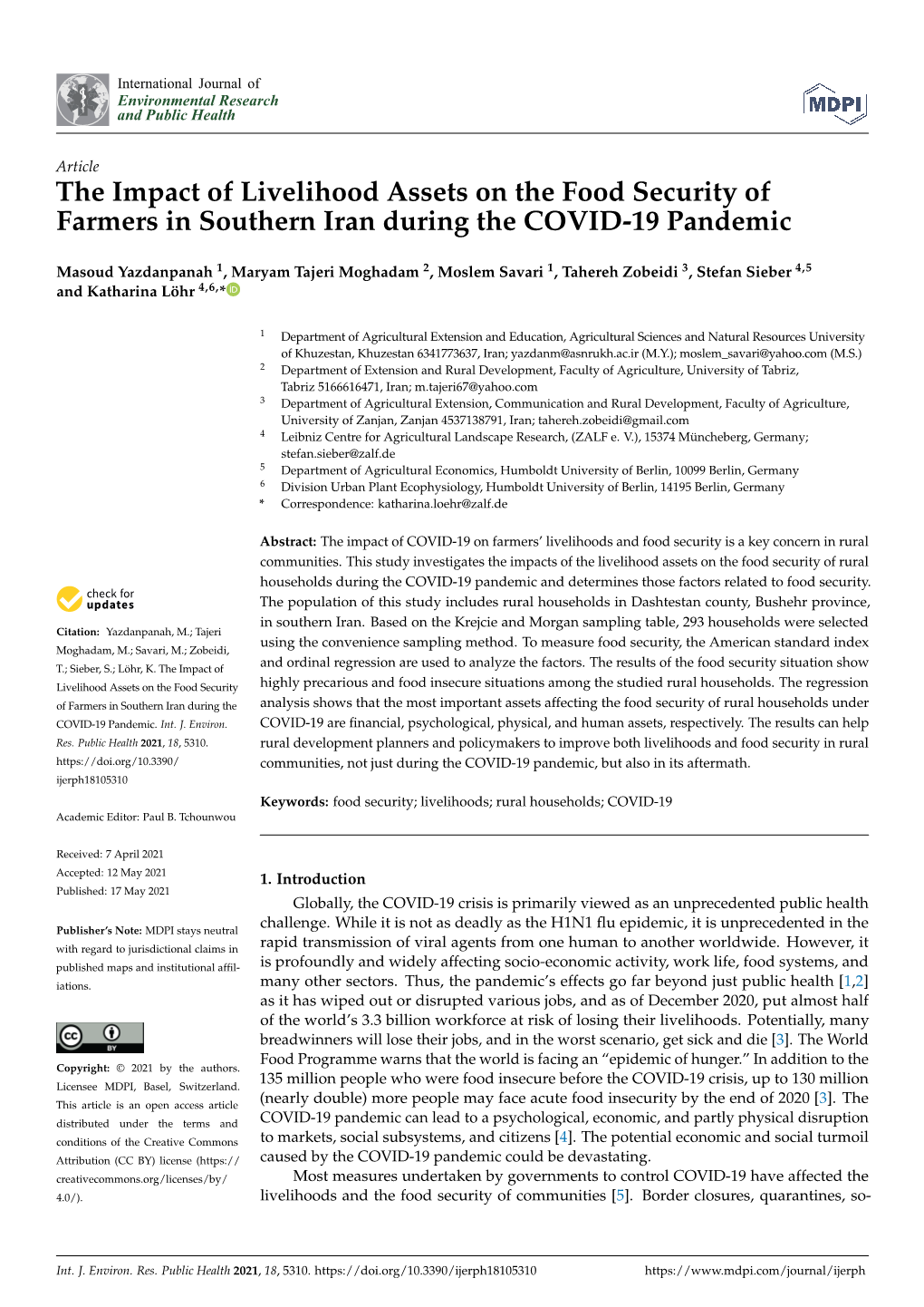 The Impact of Livelihood Assets on the Food Security of Farmers in Southern Iran During the COVID-19 Pandemic