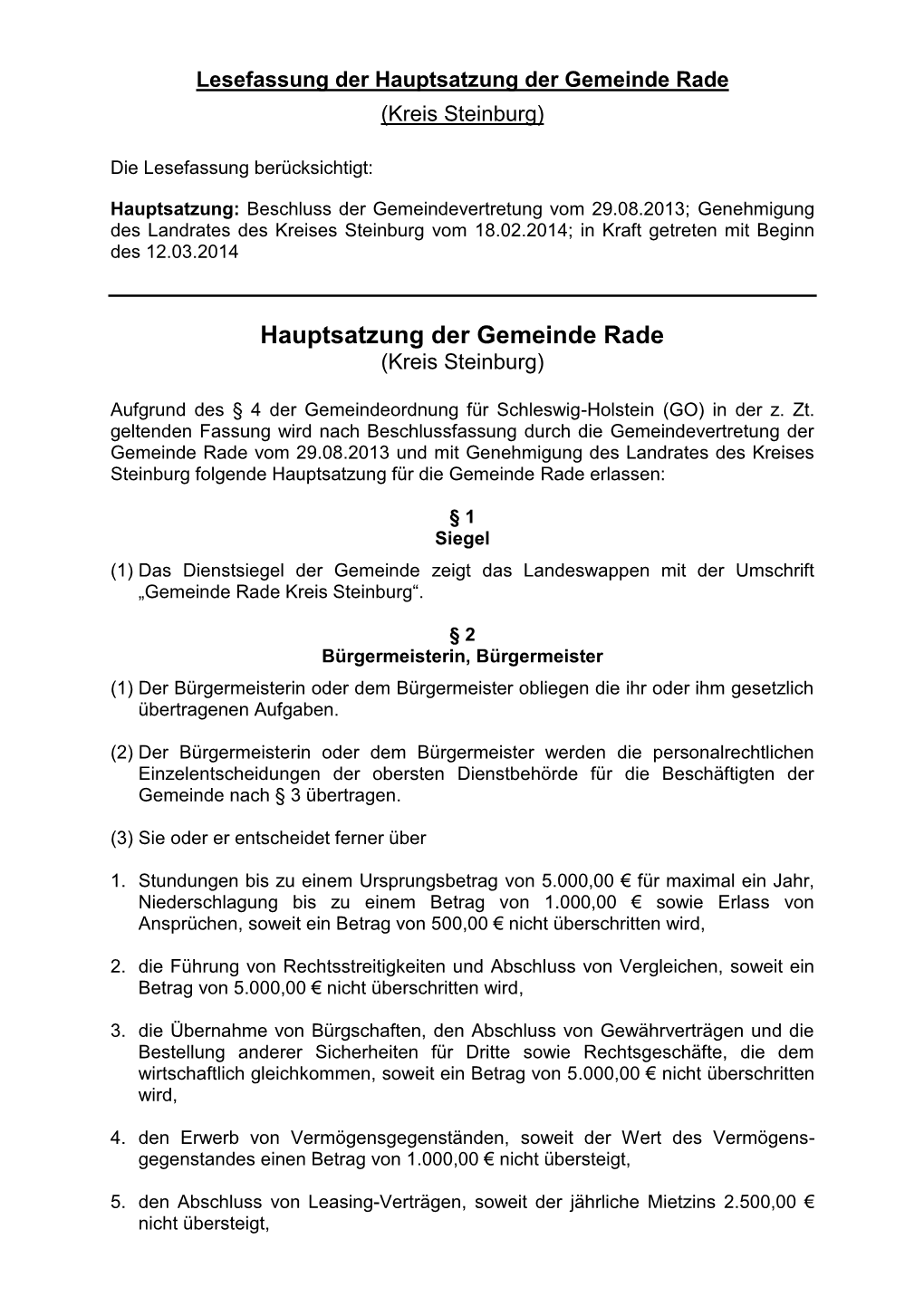 Lesefassung Der Hauptsatzung Der Gemeinde Rade (Kreis Steinburg)