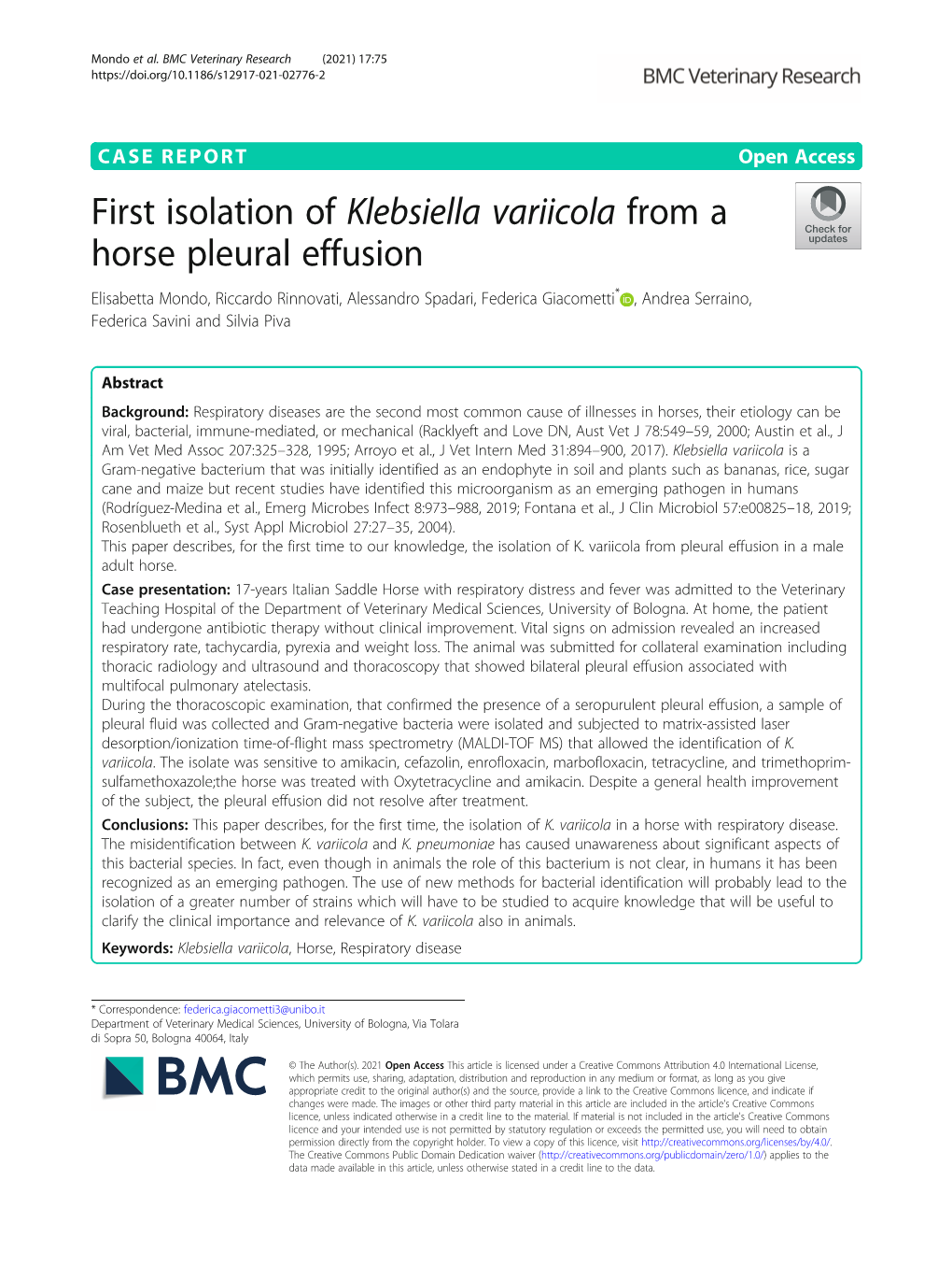 First Isolation of Klebsiella Variicola from a Horse Pleural Effusion