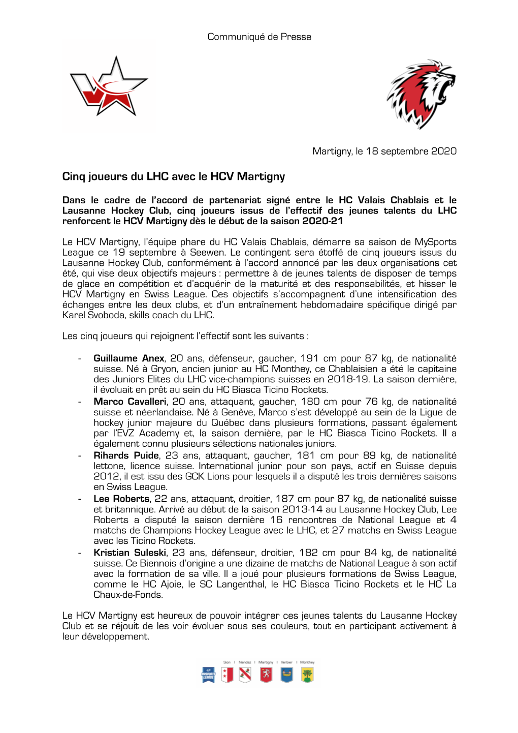 Cinq Joueurs Du LHC Avec Le HCV Martigny