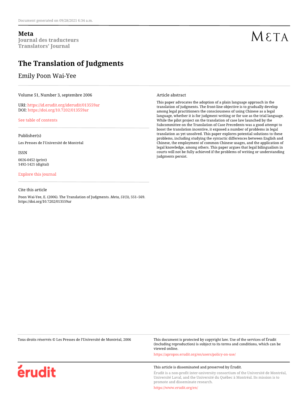 The Translation of Judgments Emily Poon Wai-Yee