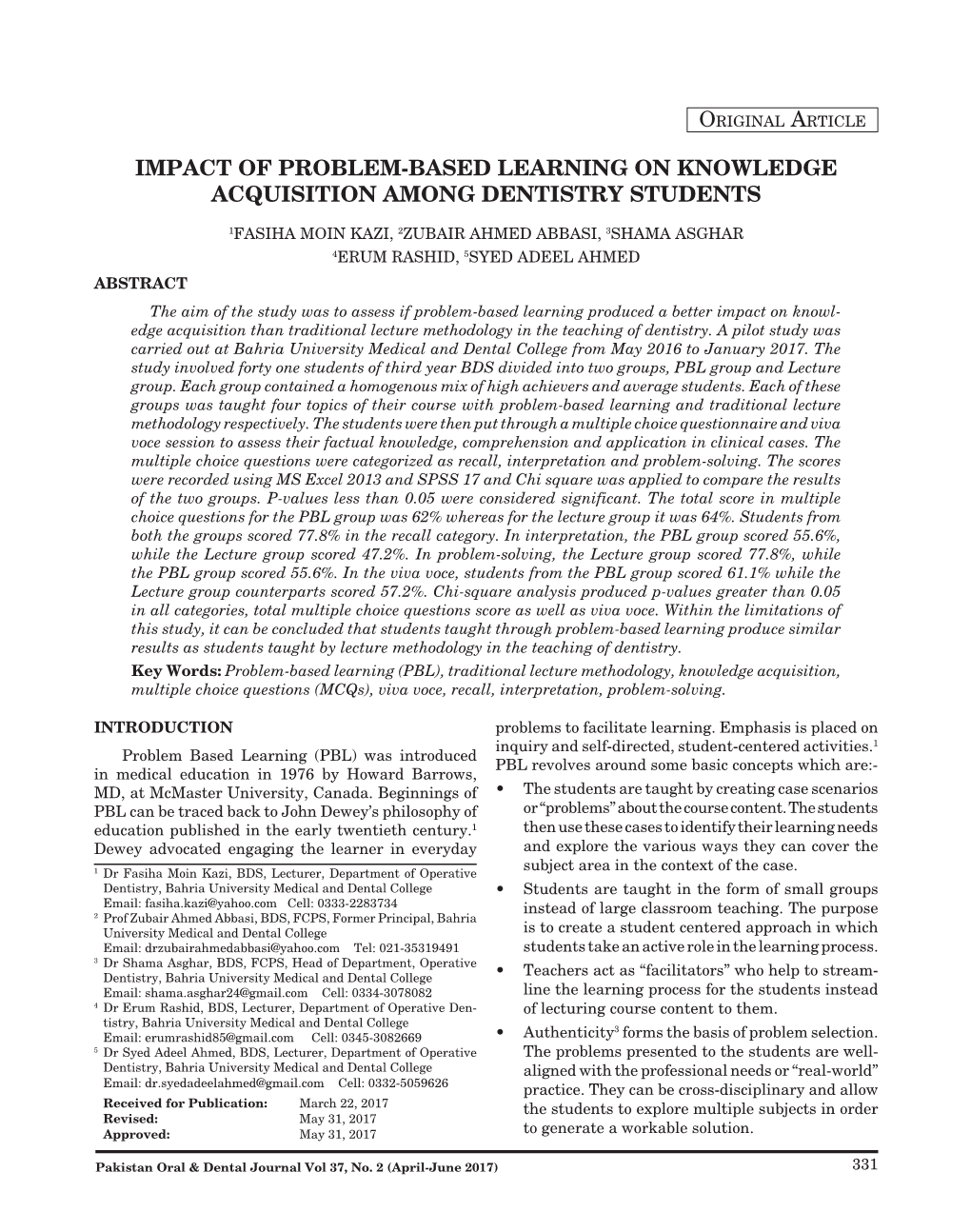 Impact of Problem-Based Learning on Knowledge Acquisition Among Dentistry Students