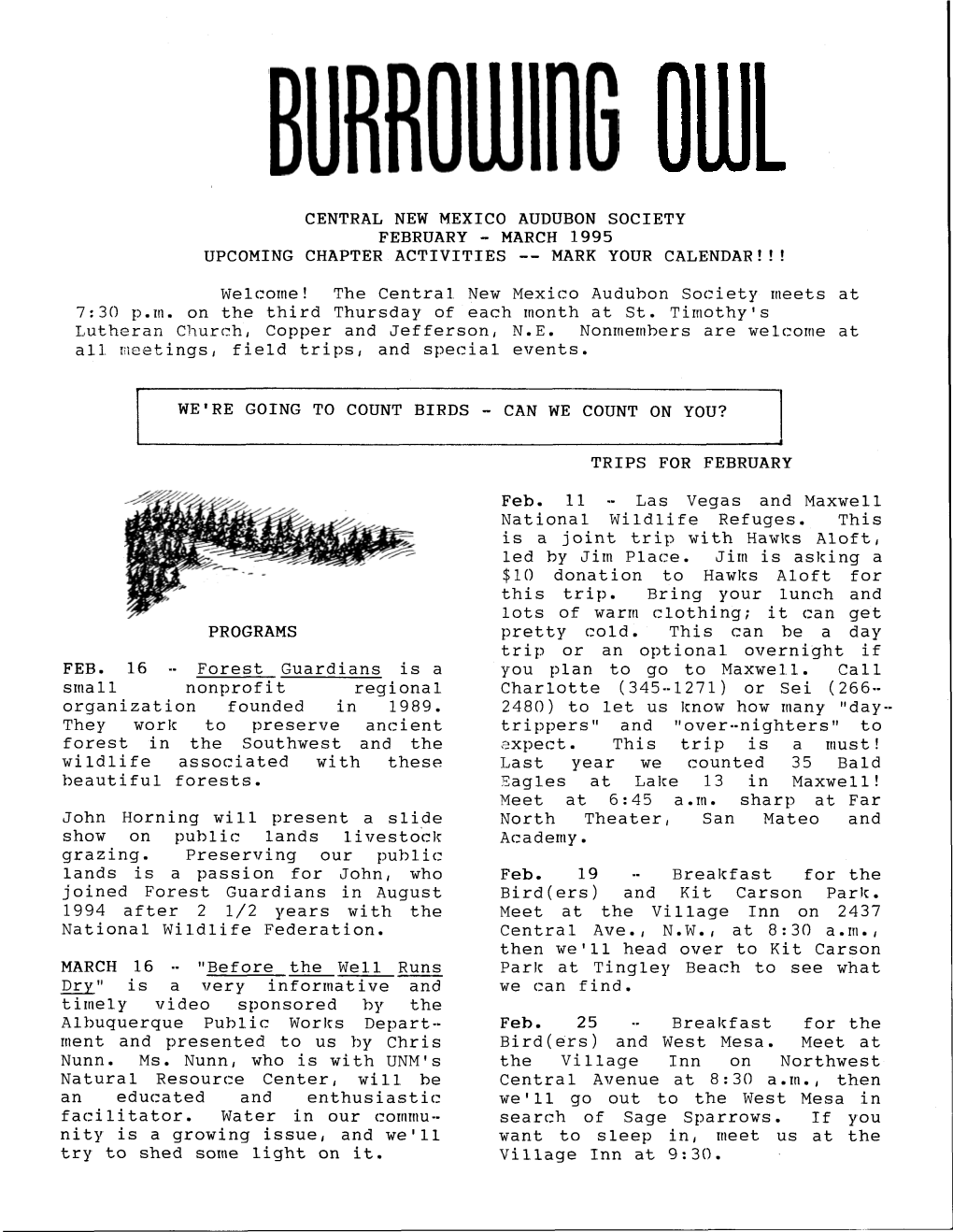 Central New Mexico Audubon Society February - March 1995 Upcoming Chapter Activities — Mark Your Calendar!!!