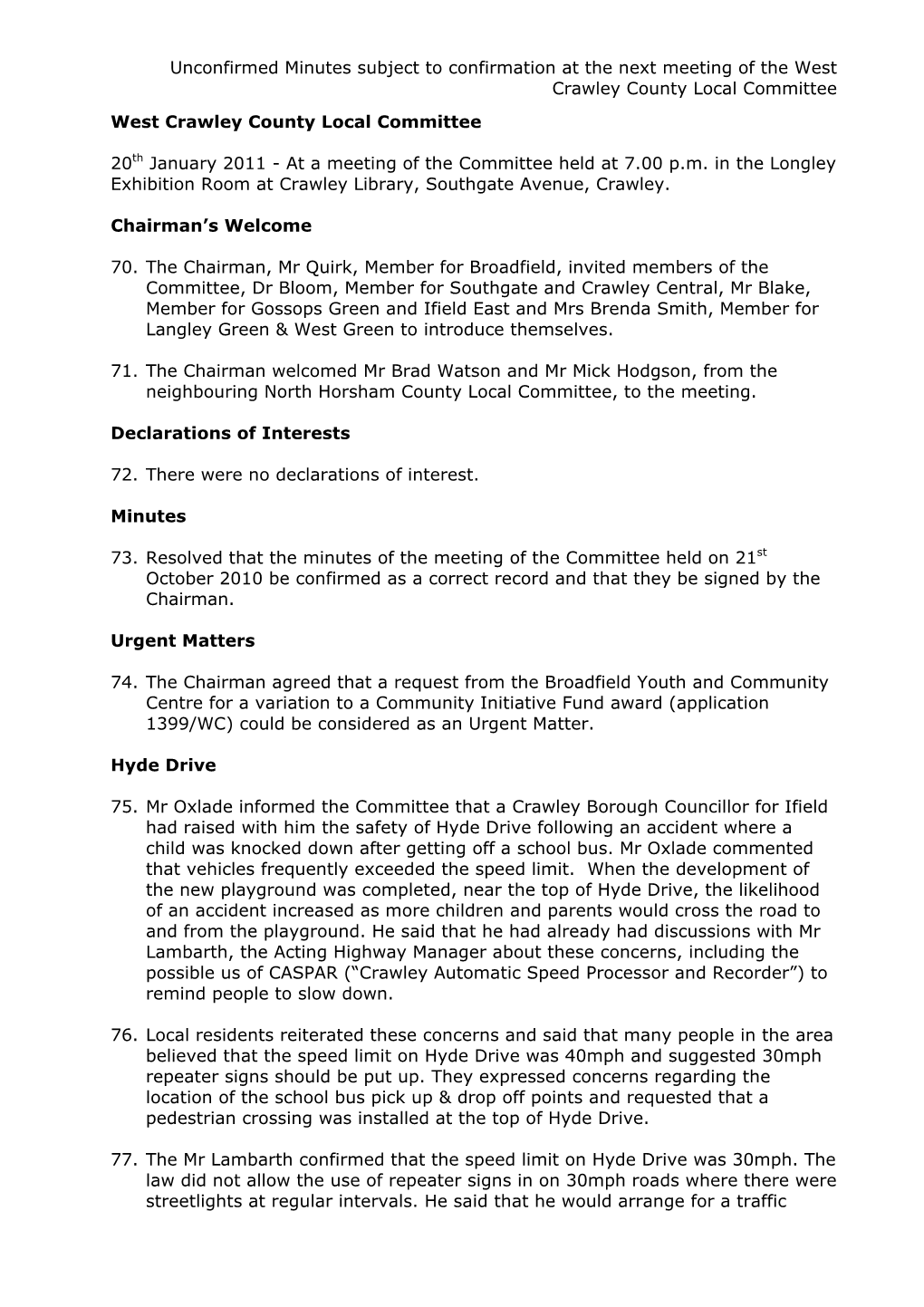 Minutes for West Crawley County Local Committee