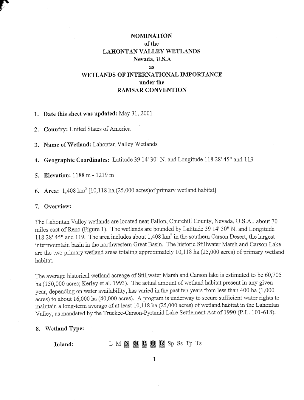 NOMINATION of the LAHONTAN VALLEY WETLANDS Nevada, U.S.A As WETLANDS of INTERNATIONAL IMPORTANCE Under the RAMSAR CONVENTION