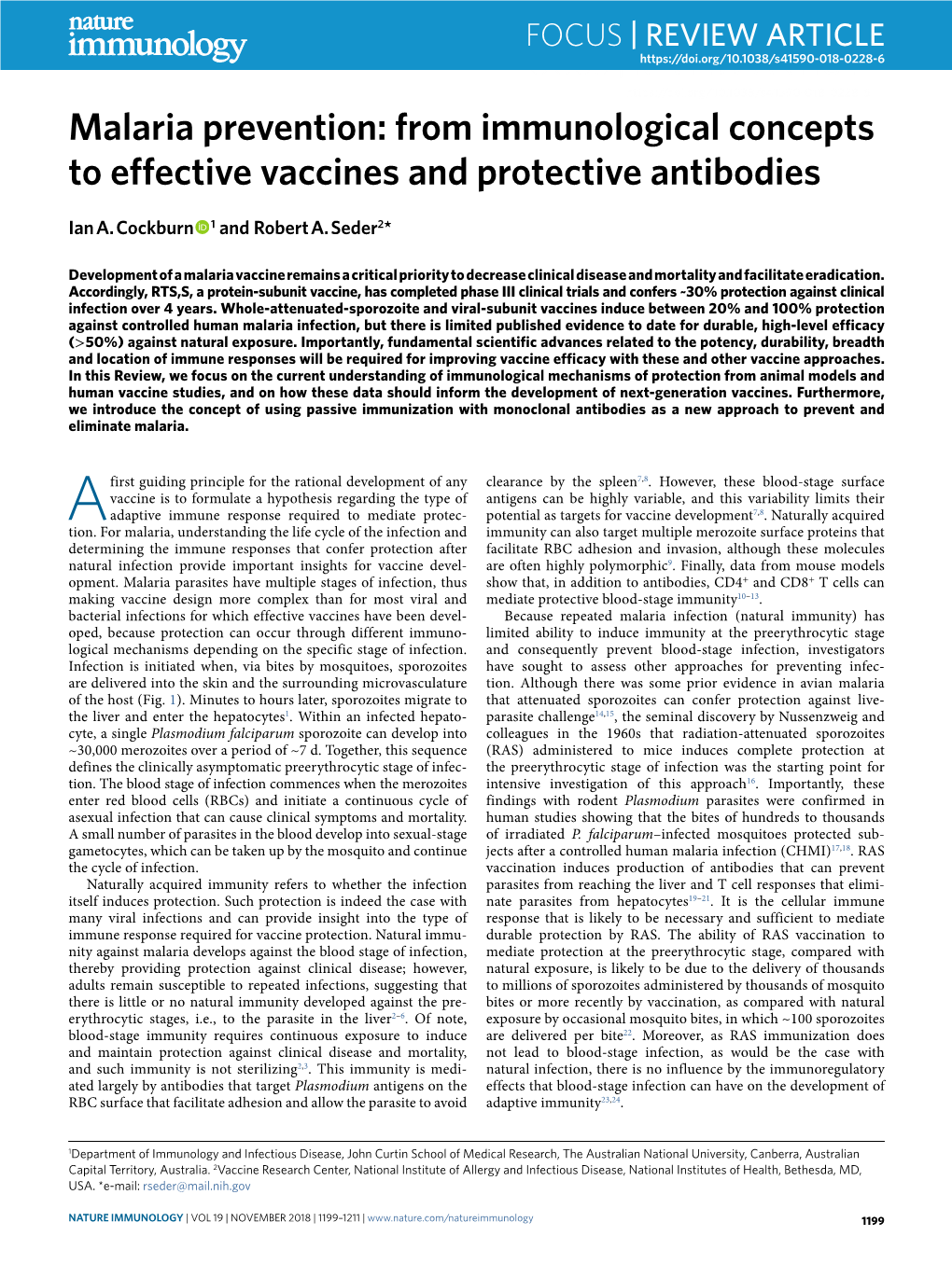 Malaria Prevention: from Immunological Concepts to Effective Vaccines and Protective Antibodies