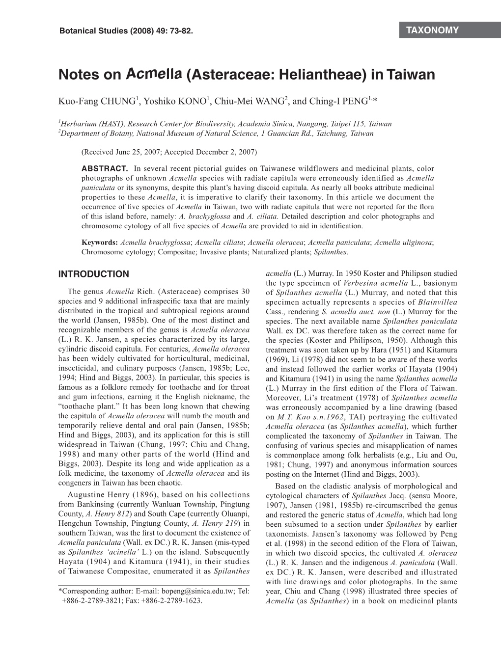 Notes on Acmella (Asteraceae: Heliantheae) in Taiwan