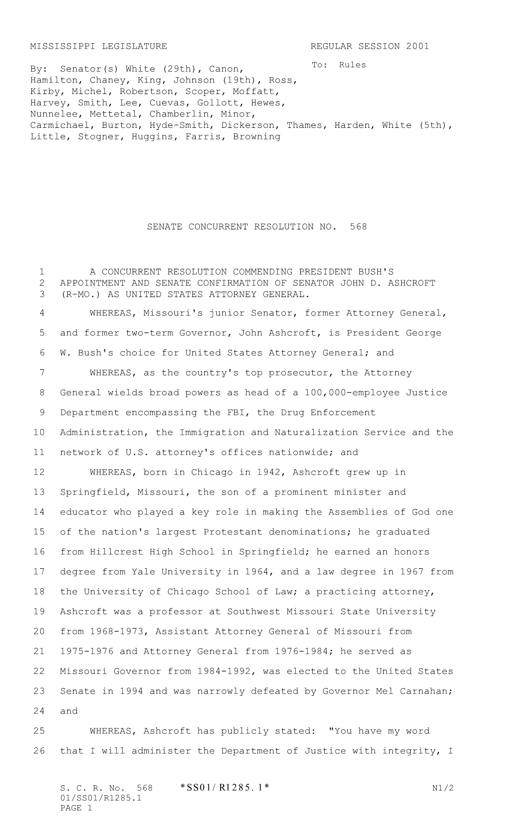 MISSISSIPPI LEGISLATURE REGULAR SESSION 2001 By