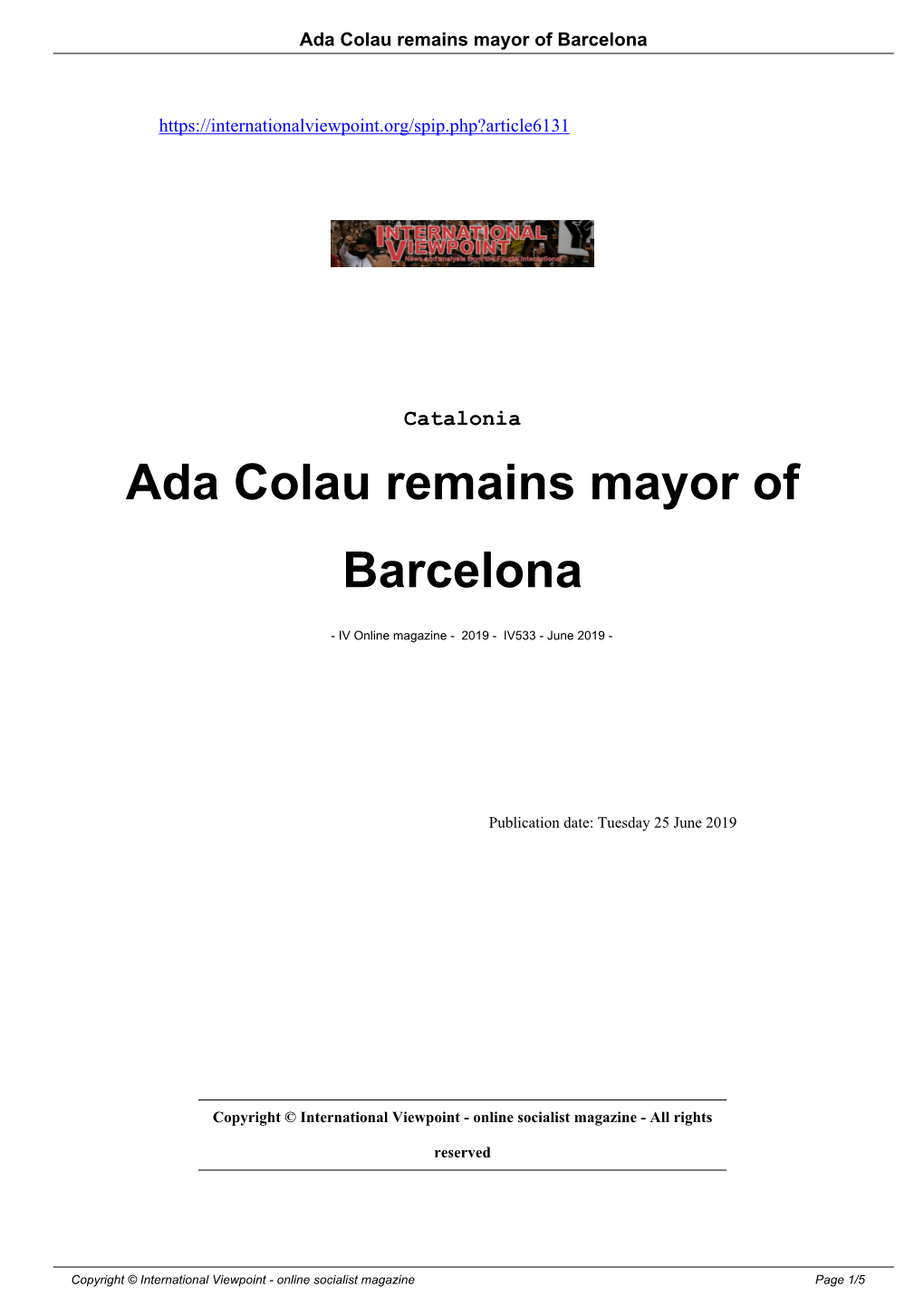 Ada Colau Remains Mayor of Barcelona