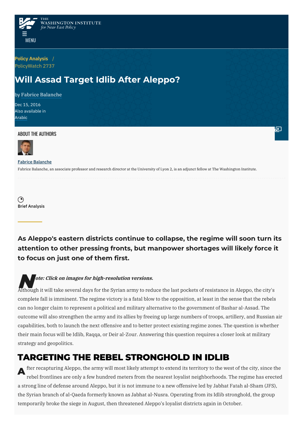 Will Assad Target Idlib After Aleppo? | the Washington Institute