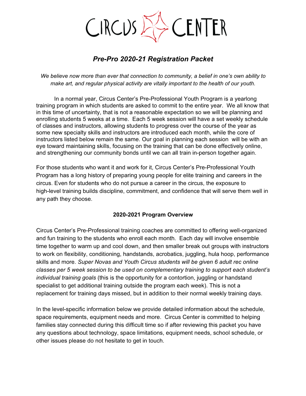 Pre-Pro 2020-21 Registration Packet
