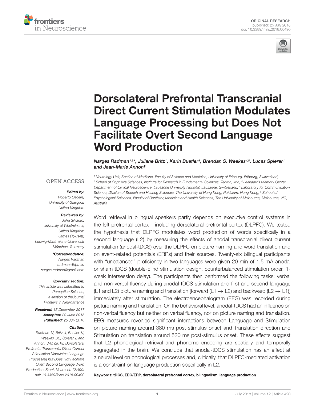 Dorsolateral Prefrontal Transcranial Direct Current Stimulation Modulates Language Processing but Does Not Facilitate Overt Second Language Word Production