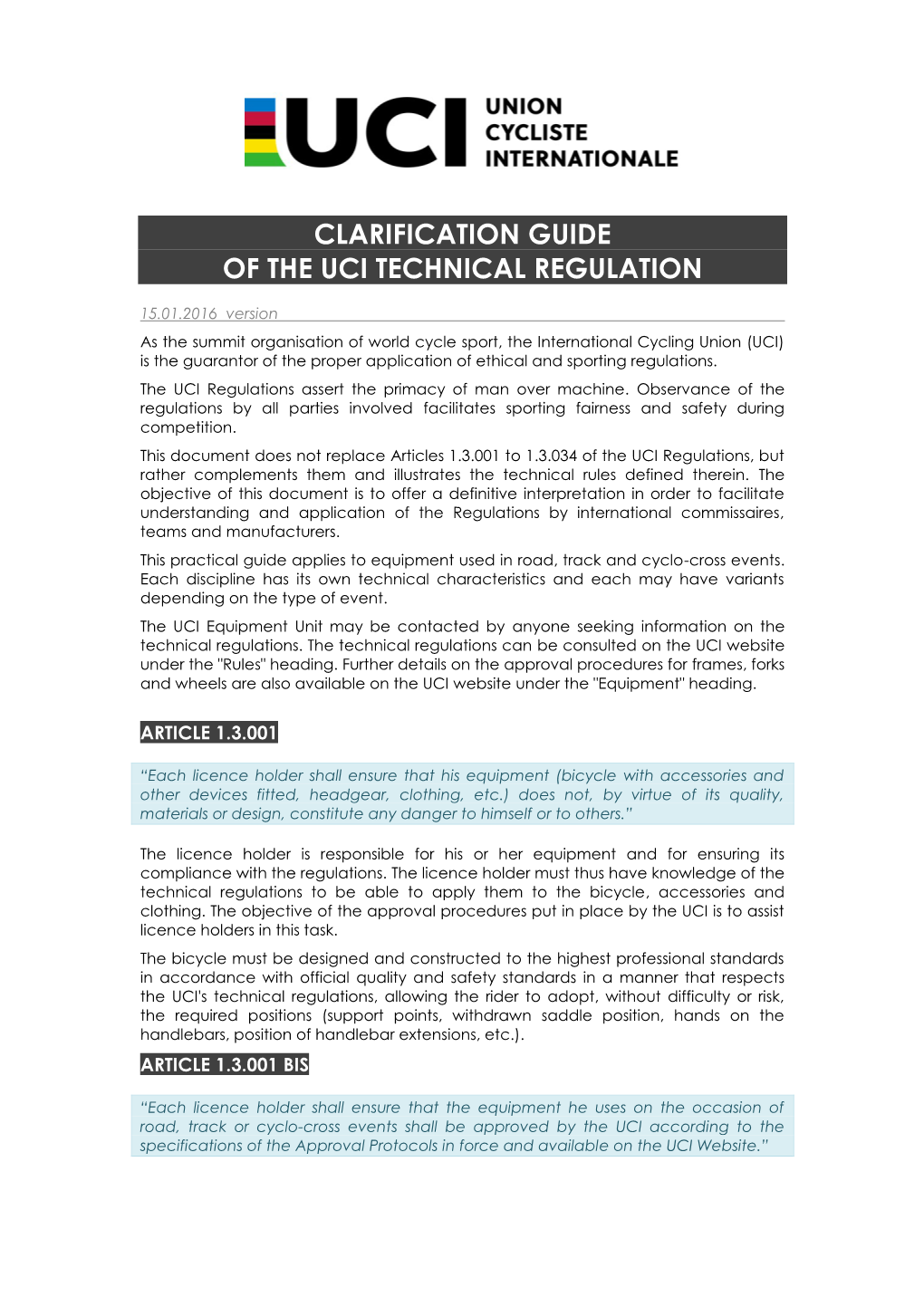 Clarification Guide of the Uci Technical Regulation