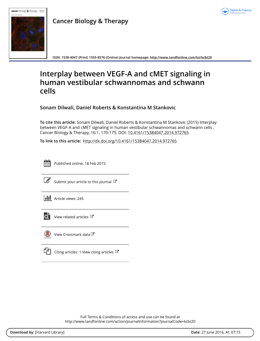 Interplay Between VEGF-A and Cmet Signaling in Human Vestibular Schwannomas and Schwann Cells