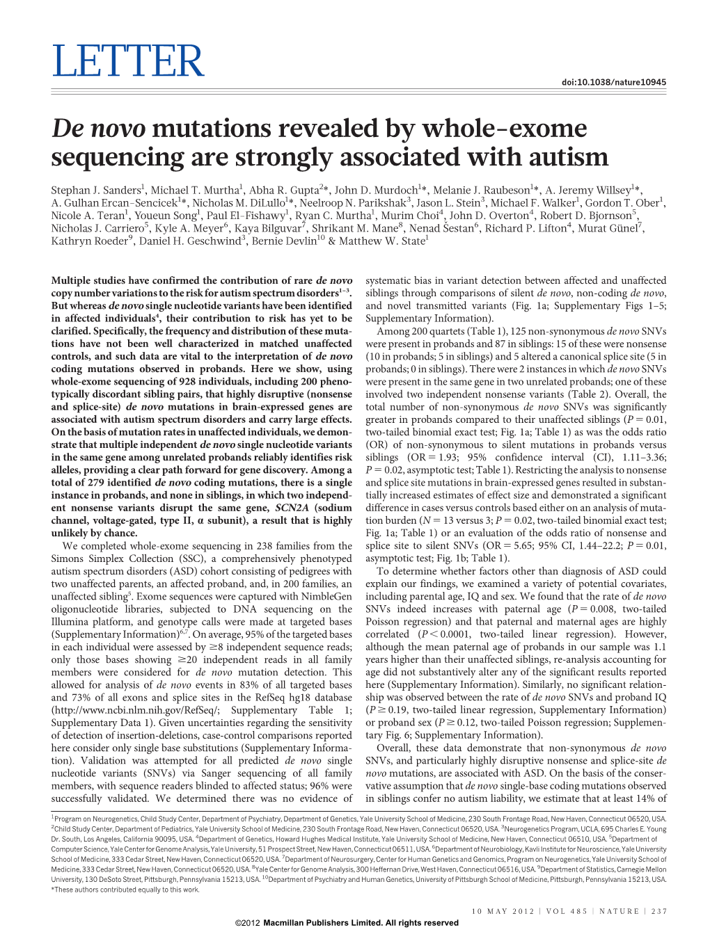 De Novo Mutations Revealed by Whole-Exome Sequencing Are Strongly Associated with Autism