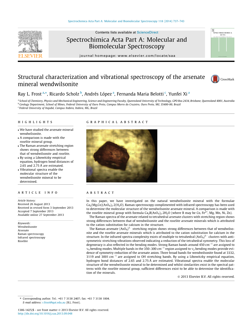 Structural Characterization and Vibrational Spectroscopy of the Arsenate Mineral Wendwilsonite ⇑ Ray L