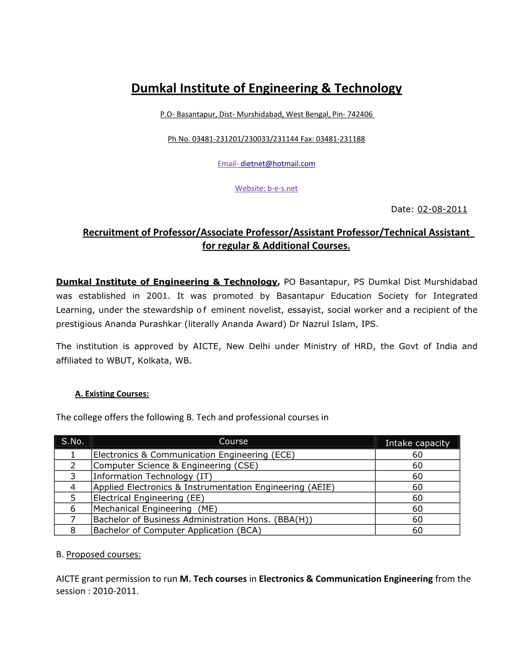 Recruitment for the Post of Professor