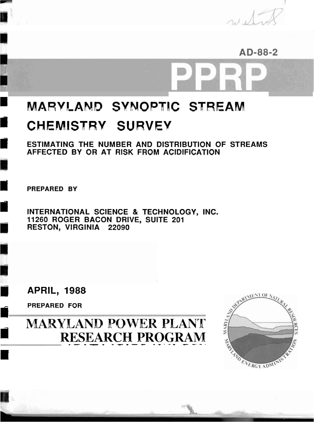 The 1988 Maryland Synopic Stream Chemistry Survey Report On