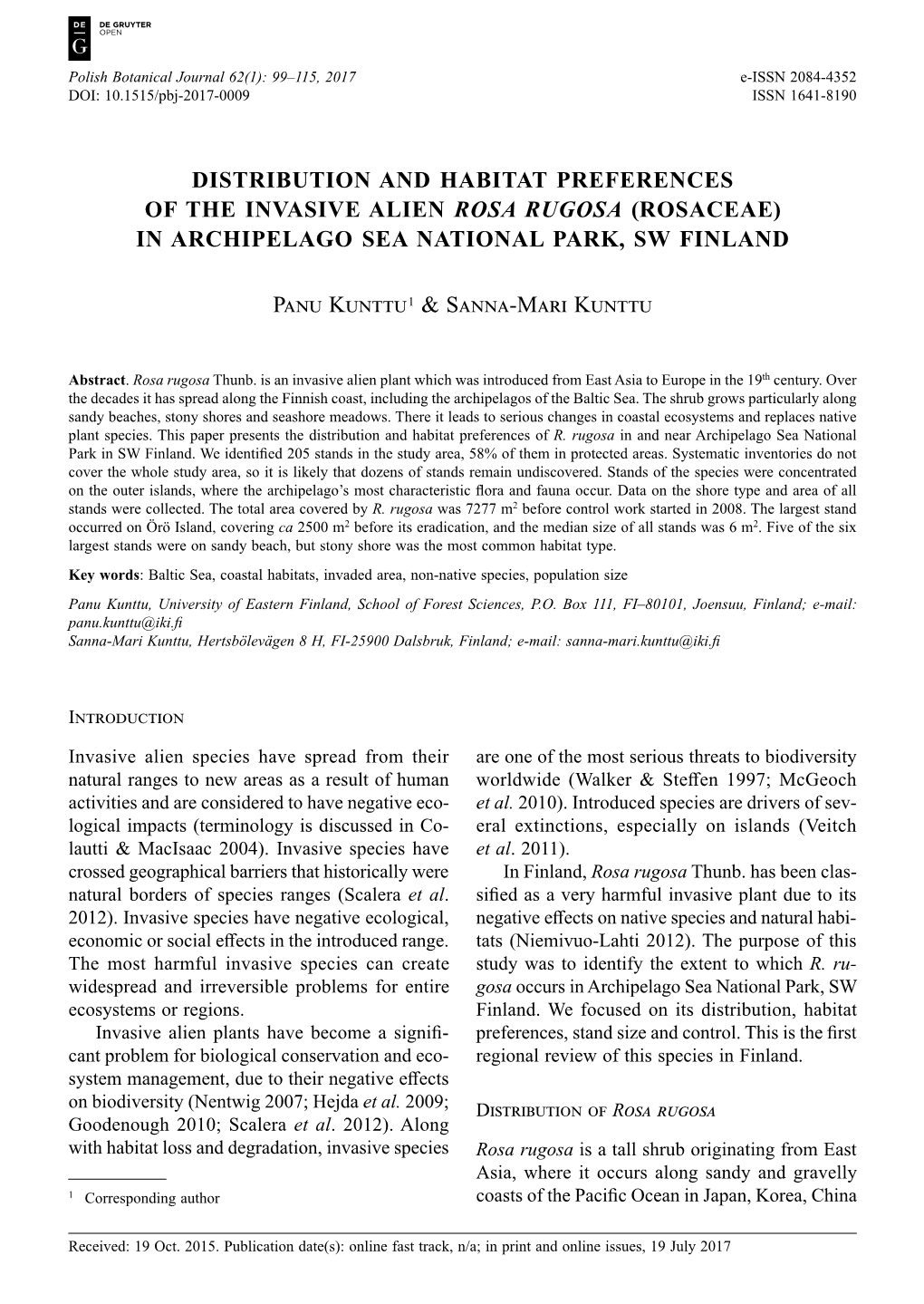 Distribution and Habitat Preferences of the Invasive Alien Rosa Rugosa (Rosaceae) in Archipelago Sea National Park, Sw Finland P