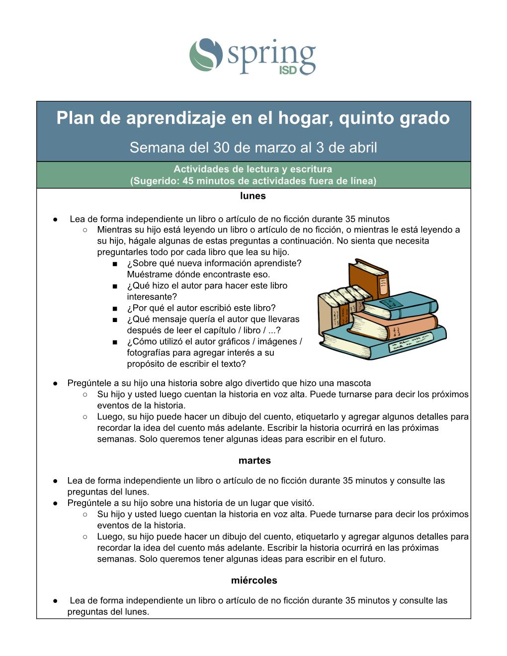 Plan De Aprendizaje En El Hogar, Quinto Grado