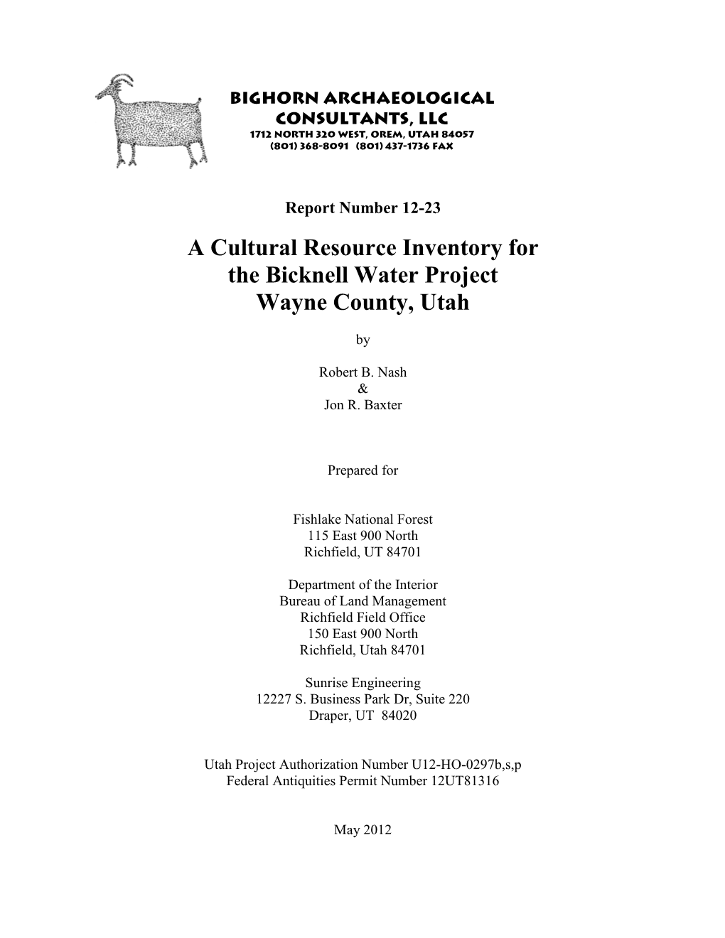 A Cultural Resource Inventory for the Bicknell Water Project Wayne County, Utah