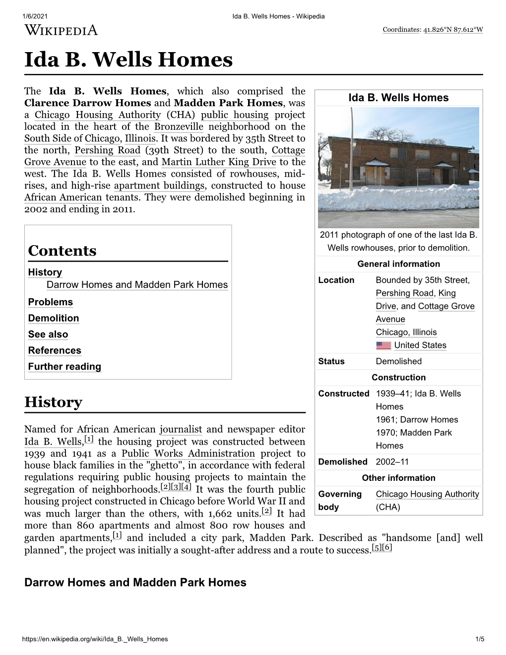 Ida B. Wells Homes - Wikipedia Coordinates: 41.826°N 87.612°W Ida B