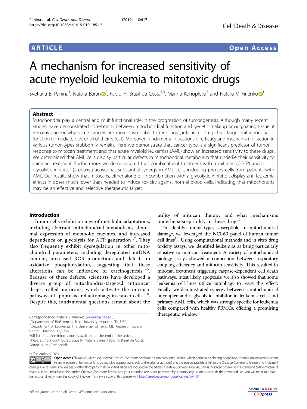 A Mechanism for Increased Sensitivity of Acute Myeloid Leukemia to Mitotoxic Drugs Svetlana B