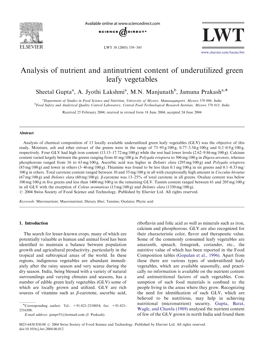 Analysis of Nutrient and Antinutrient Content of Underutilized Green Leafy Vegetables