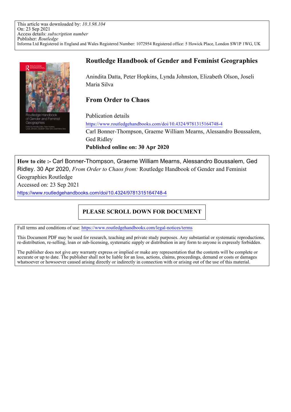 Routledge Handbook of Gender and Feminist Geographies from Order