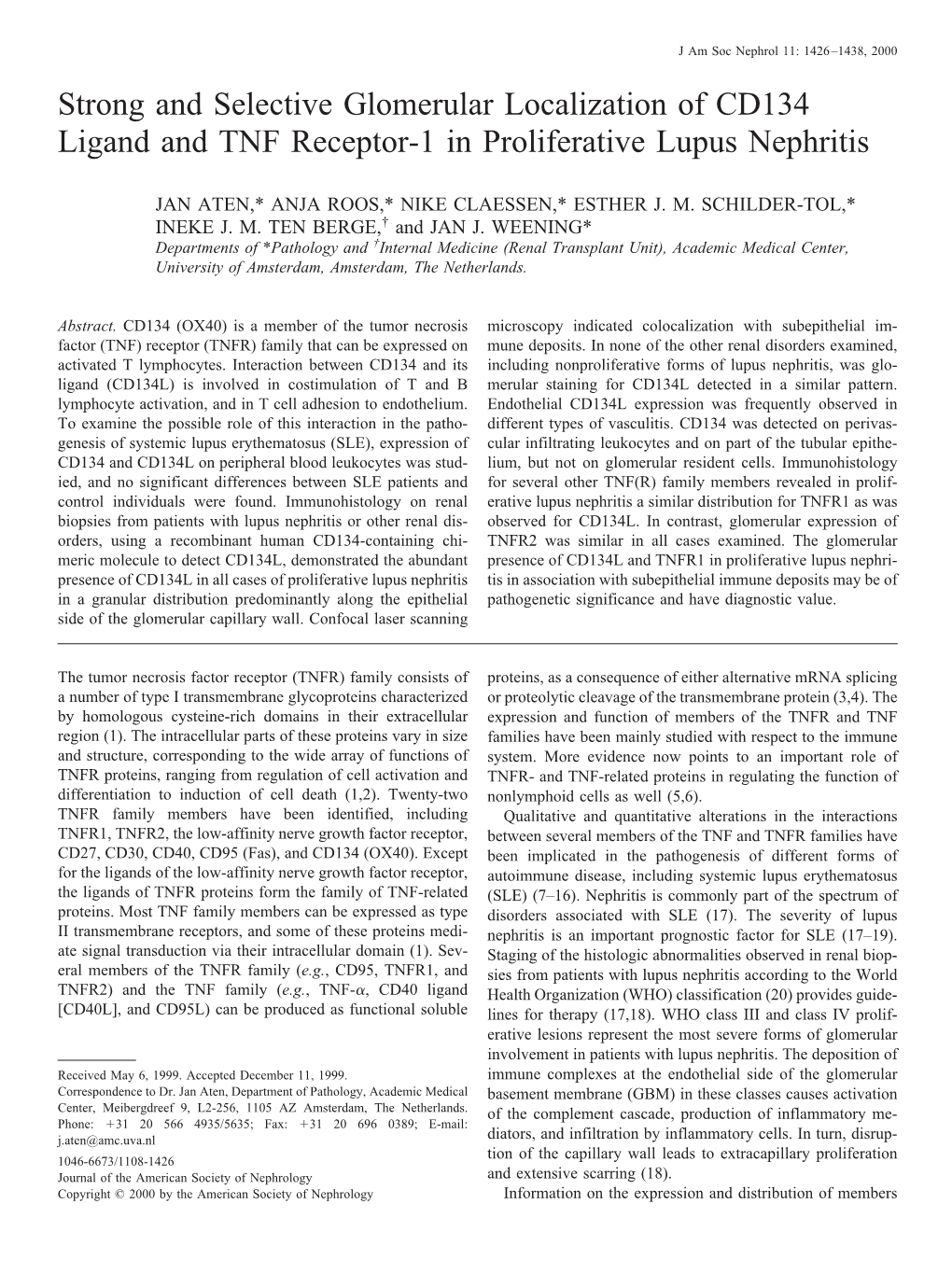 Strong and Selective Glomerular Localization of CD134 Ligand and TNF Receptor-1 in Proliferative Lupus Nephritis