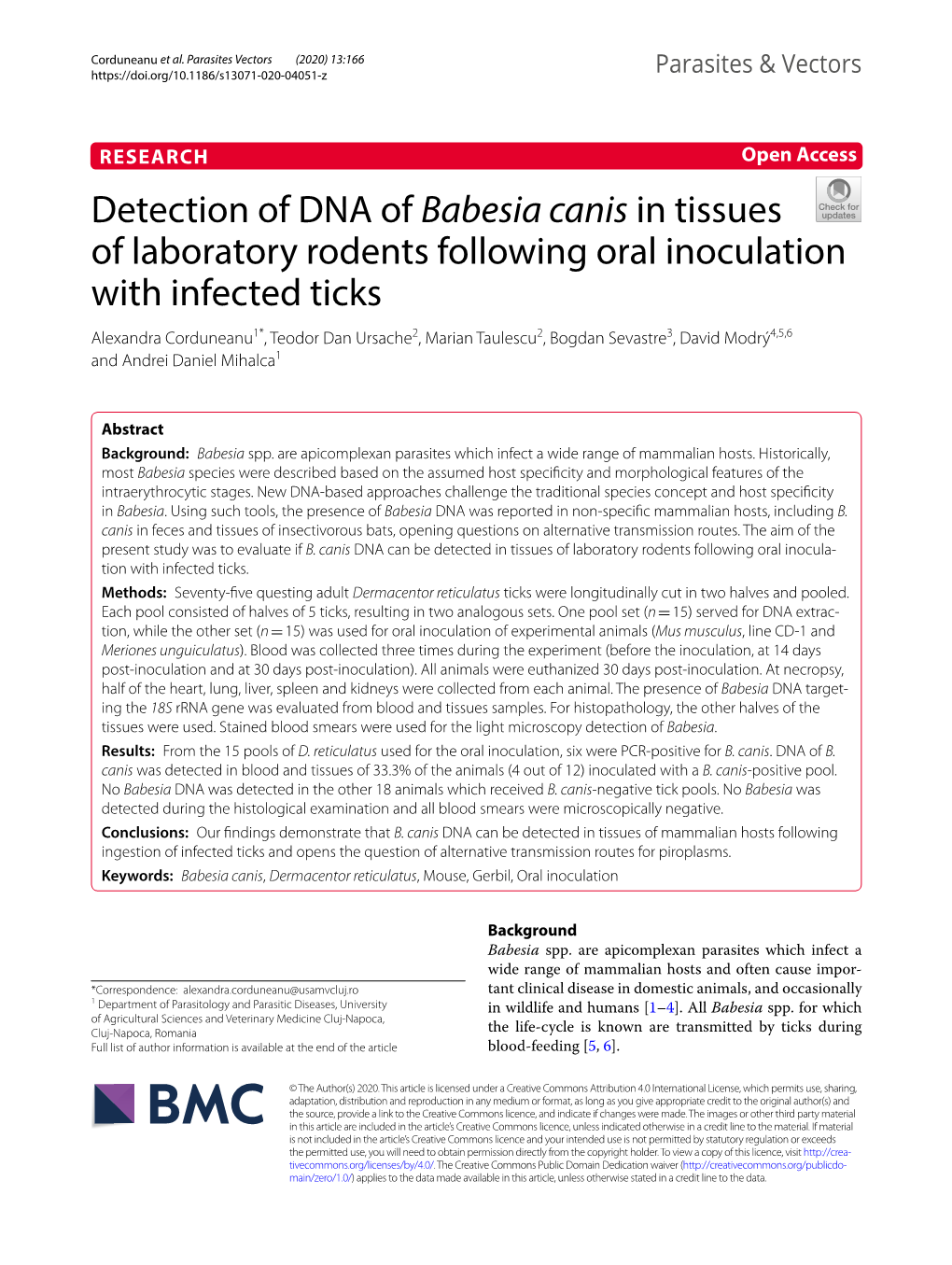 Detection of DNA of Babesia Canis in Tissues of Laboratory Rodents Following Oral Inoculation with Infected Ticks
