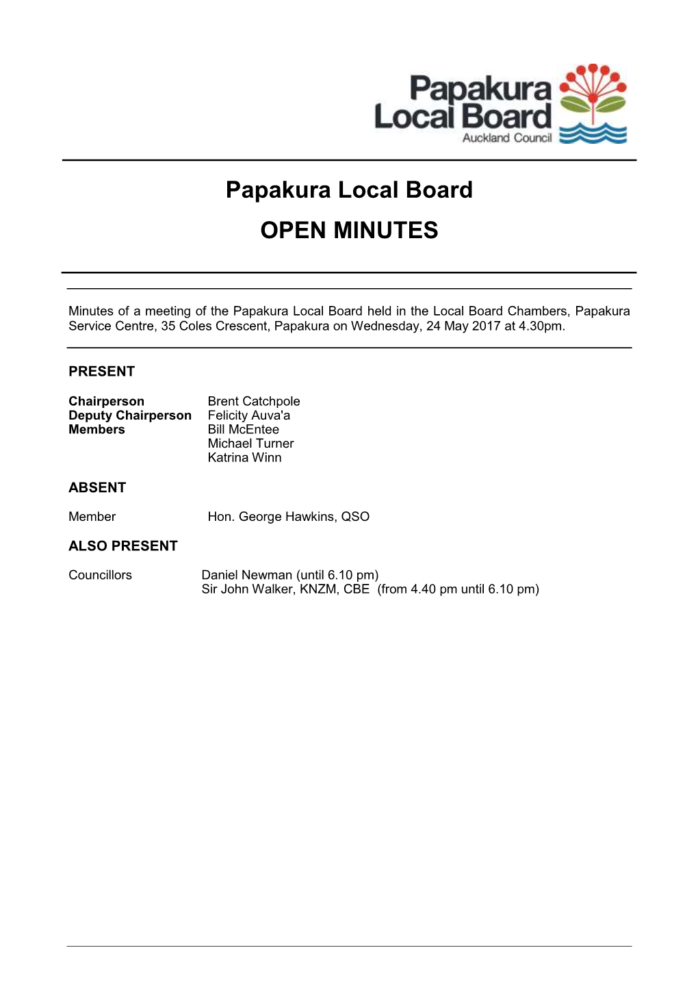 Minutes of Papakura Local Board