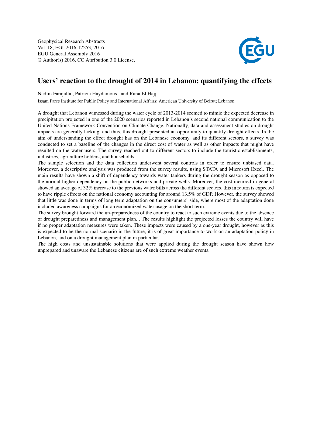 Users' Reaction to the Drought of 2014 in Lebanon; Quantifying the Effects