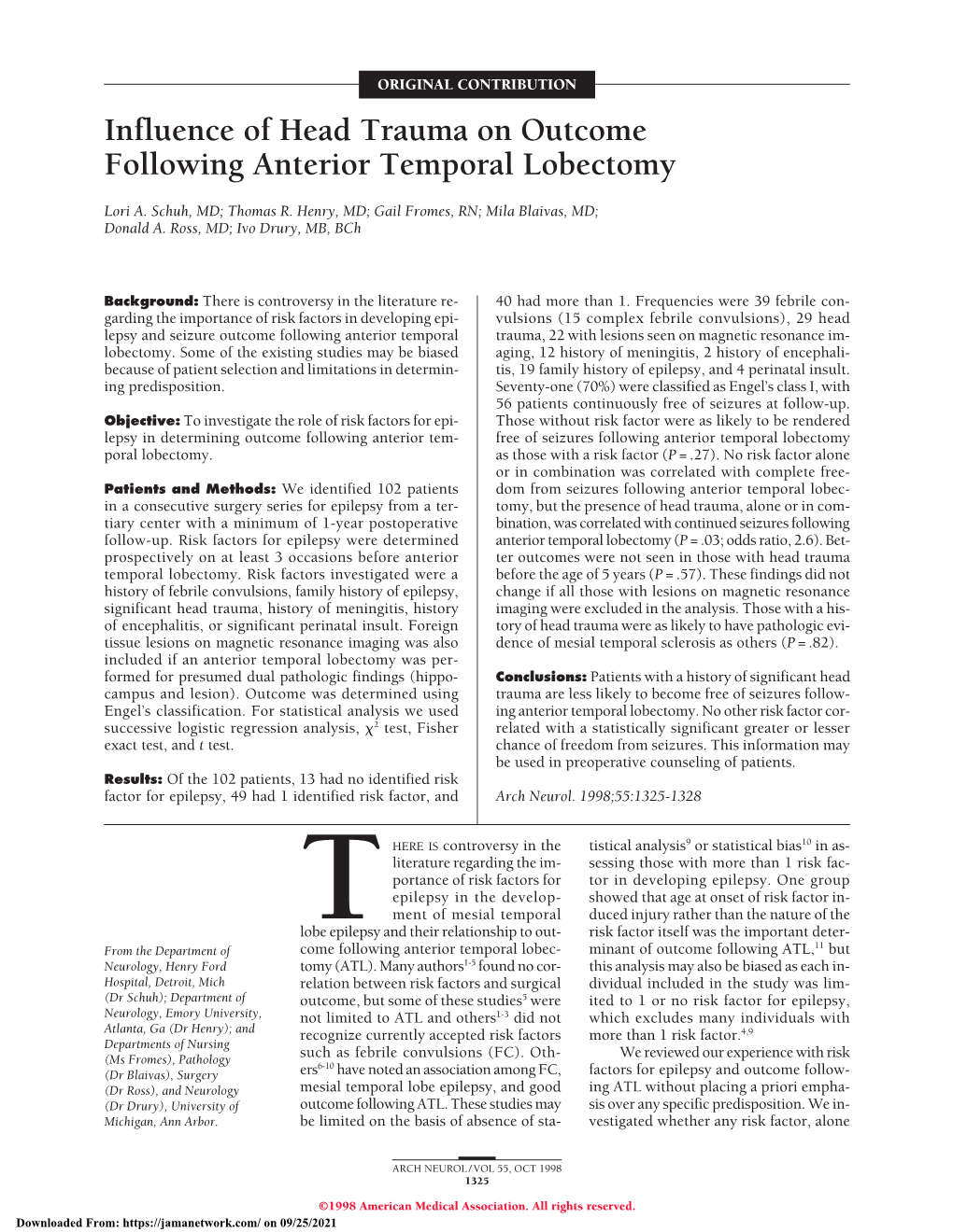 Influence of Head Trauma on Outcome Following Anterior Temporal Lobectomy