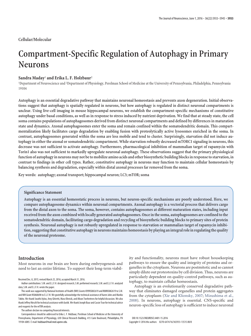 Compartment-Specific Regulation of Autophagy in Primary Neurons