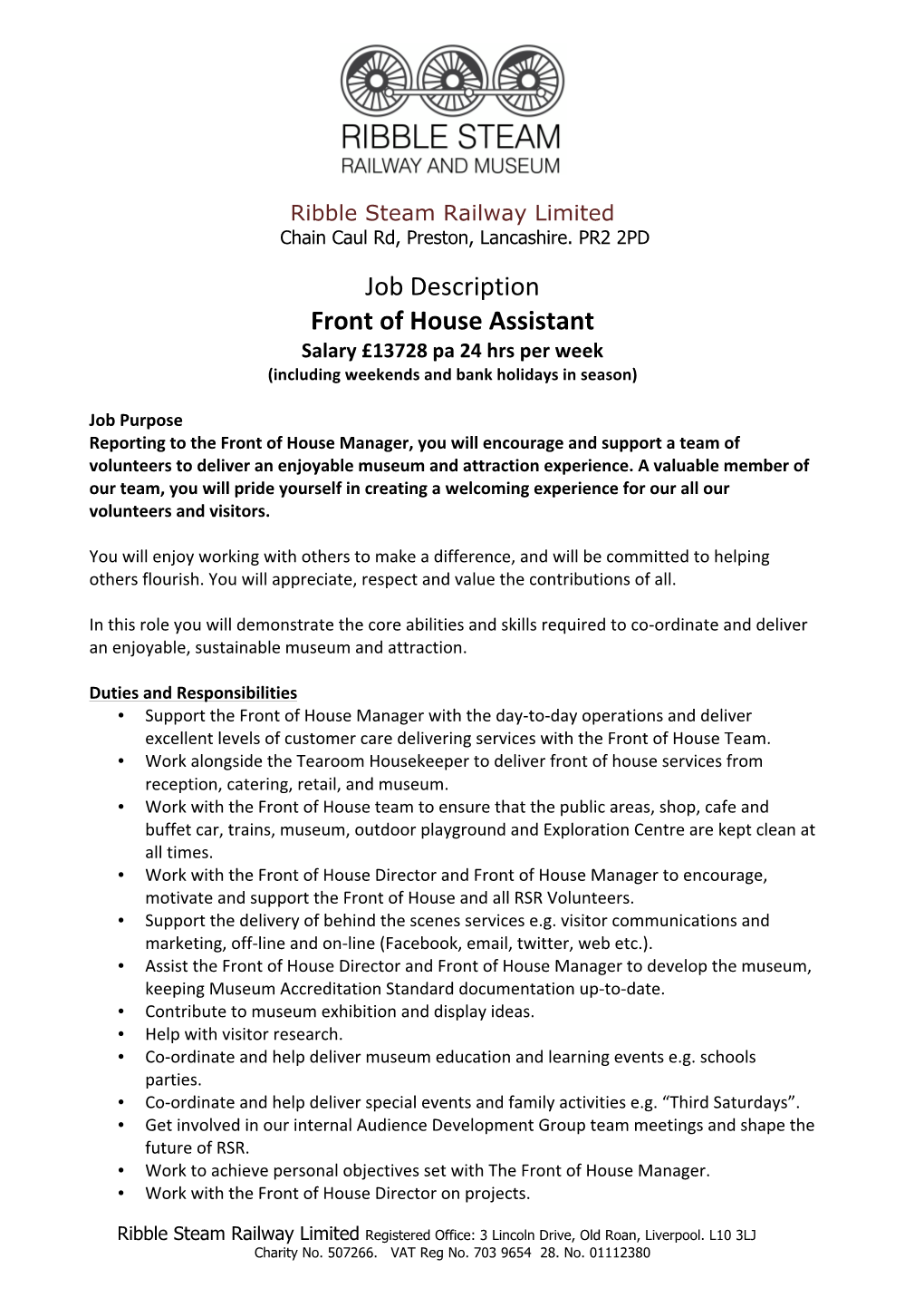 Ribble Steam Railway Limited Front of House Assistant Job Description