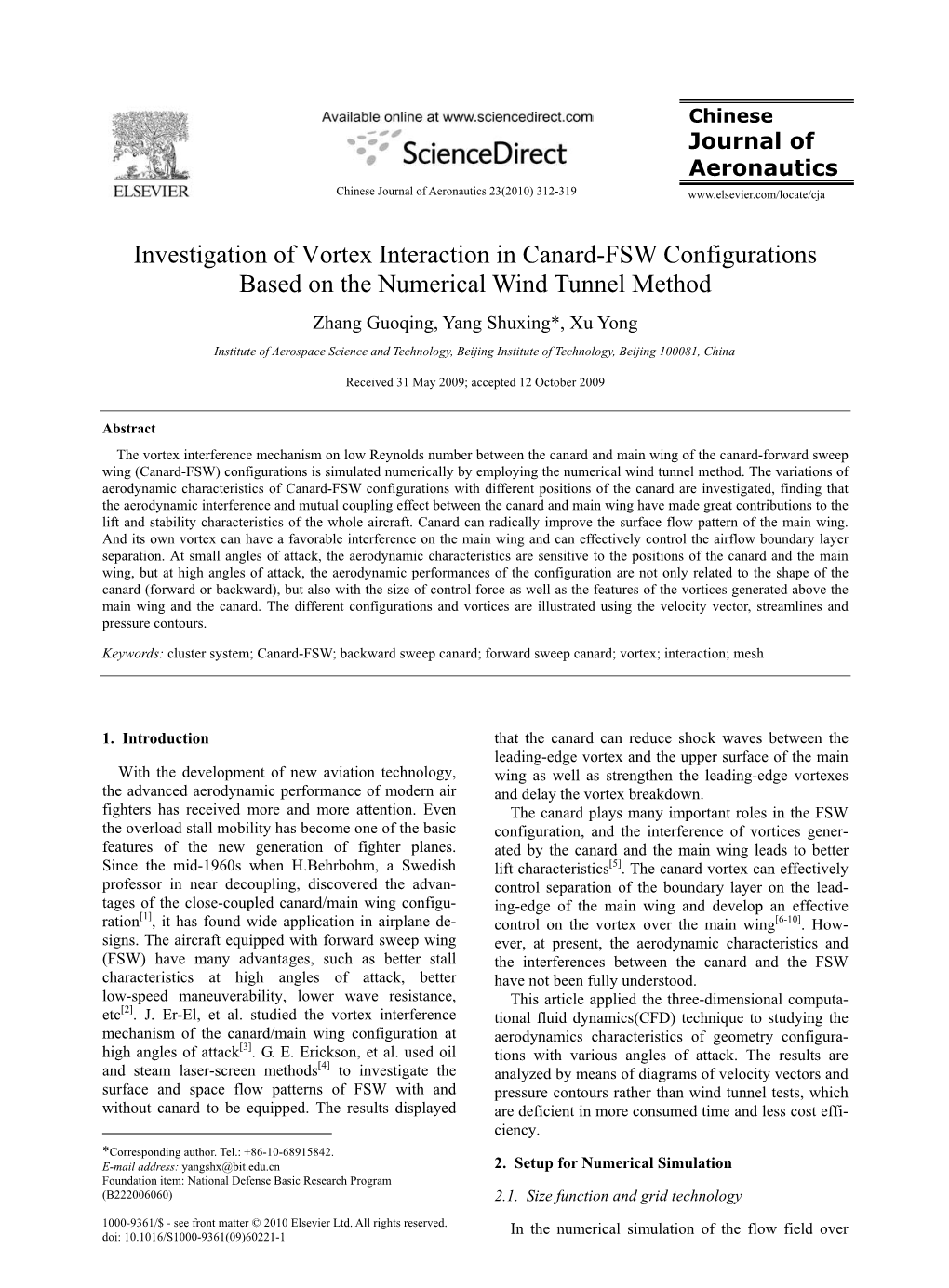 Investigation of Vortex Interaction in Canard-FSW Configurations Based on the Numerical Wind Tunnel Method