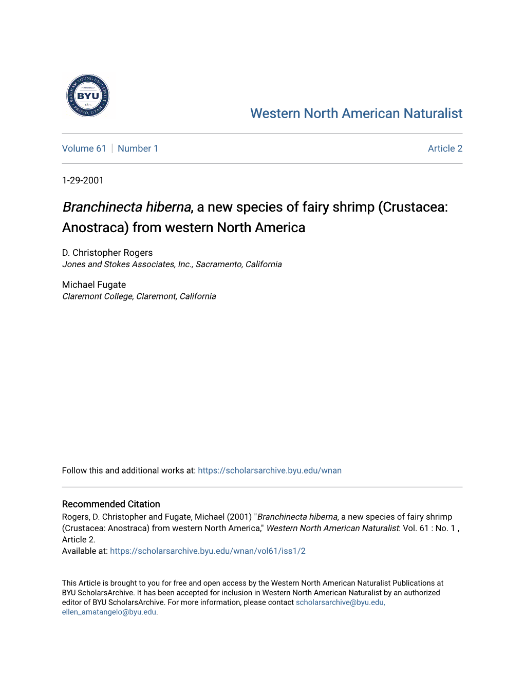 Crustacea: Anostraca) from Western North America