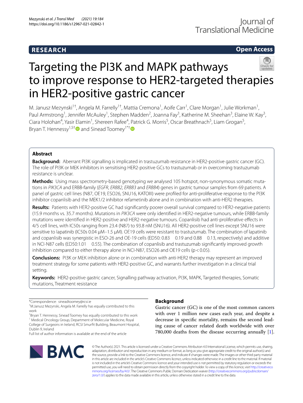 Targeting the PI3K and MAPK Pathways to Improve Response to HER2‑Targeted Therapies in HER2‑Positive Gastric Cancer M