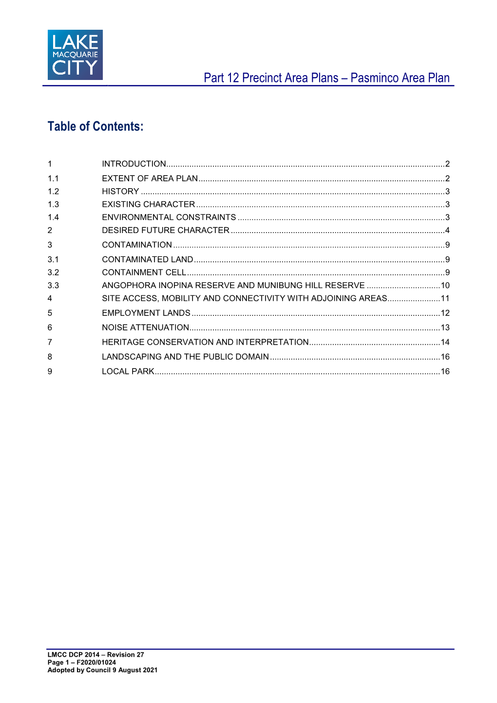 Pasminco Area Plan Table of Contents