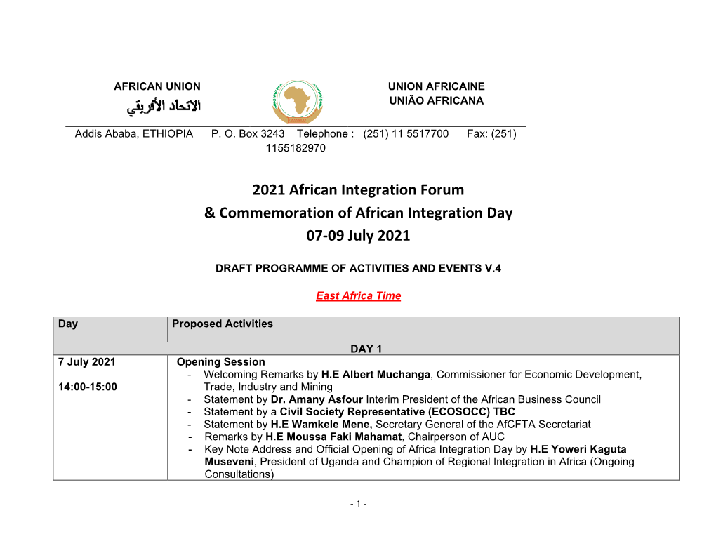 2021 African Integration Forum & Commemoration Of