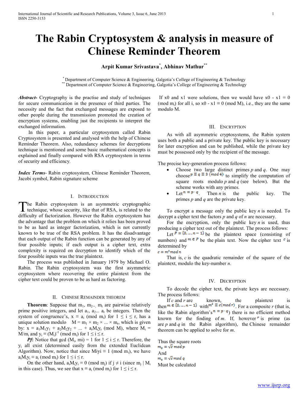 The Rabin Cryptosystem & Analysis in Measure of Chinese Reminder Theorem