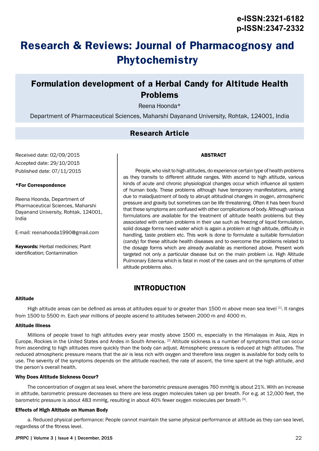 Formulation Development of an Herbal Candy for Altitude Health Problems