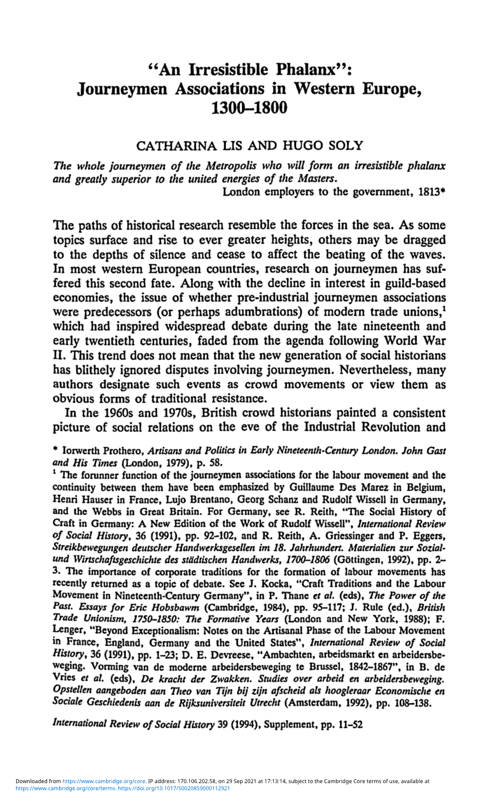 Journeymen Associations in Western Europe, 1300–1800